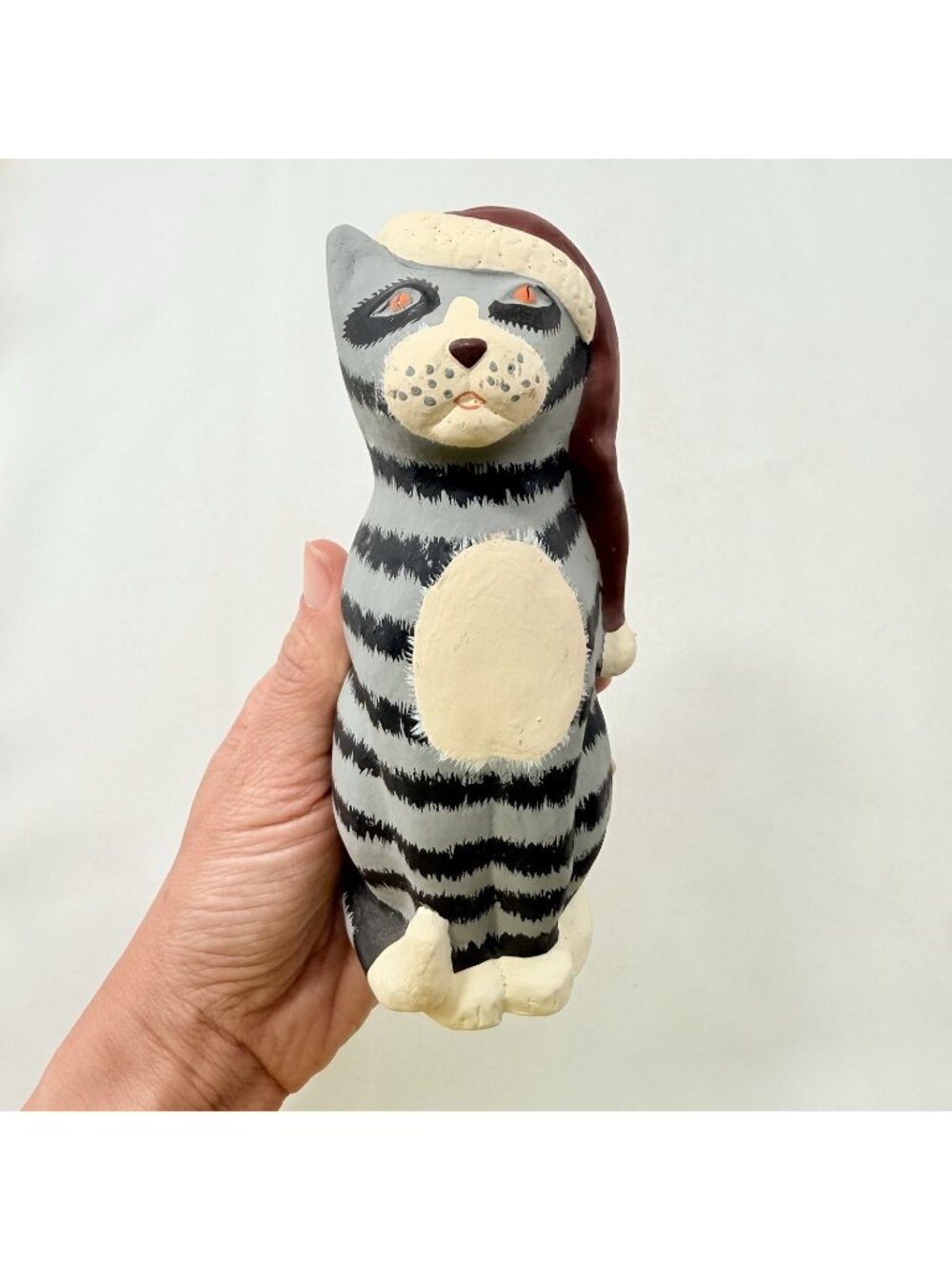 Kurt S. Adler Christmas Cat Santa Hat Figurine Handcrafted Gray Stripes Funny